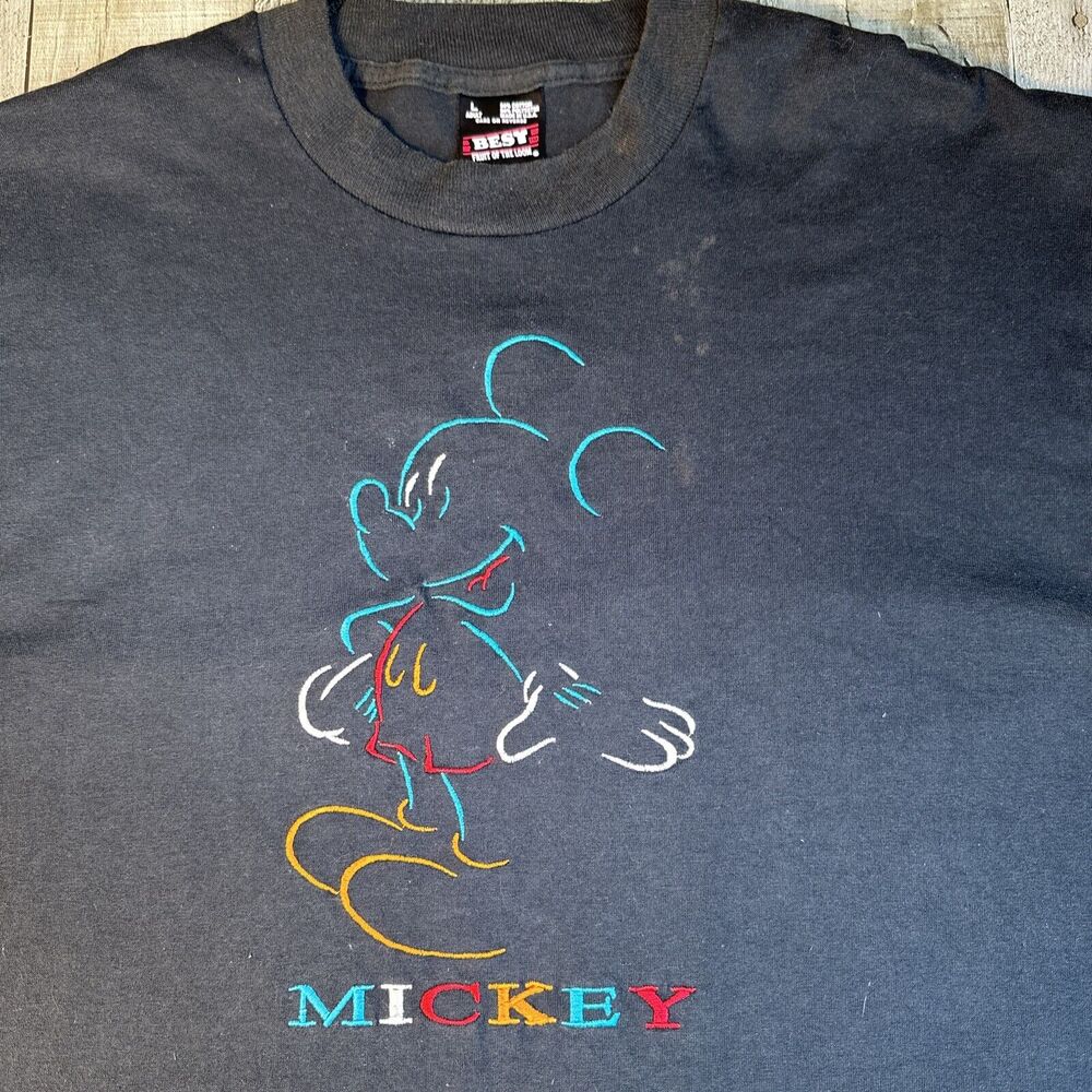 Rare Vintage Fruit Of The Loom Mickey Mouse Embroidered Logo T Shirt 90s L